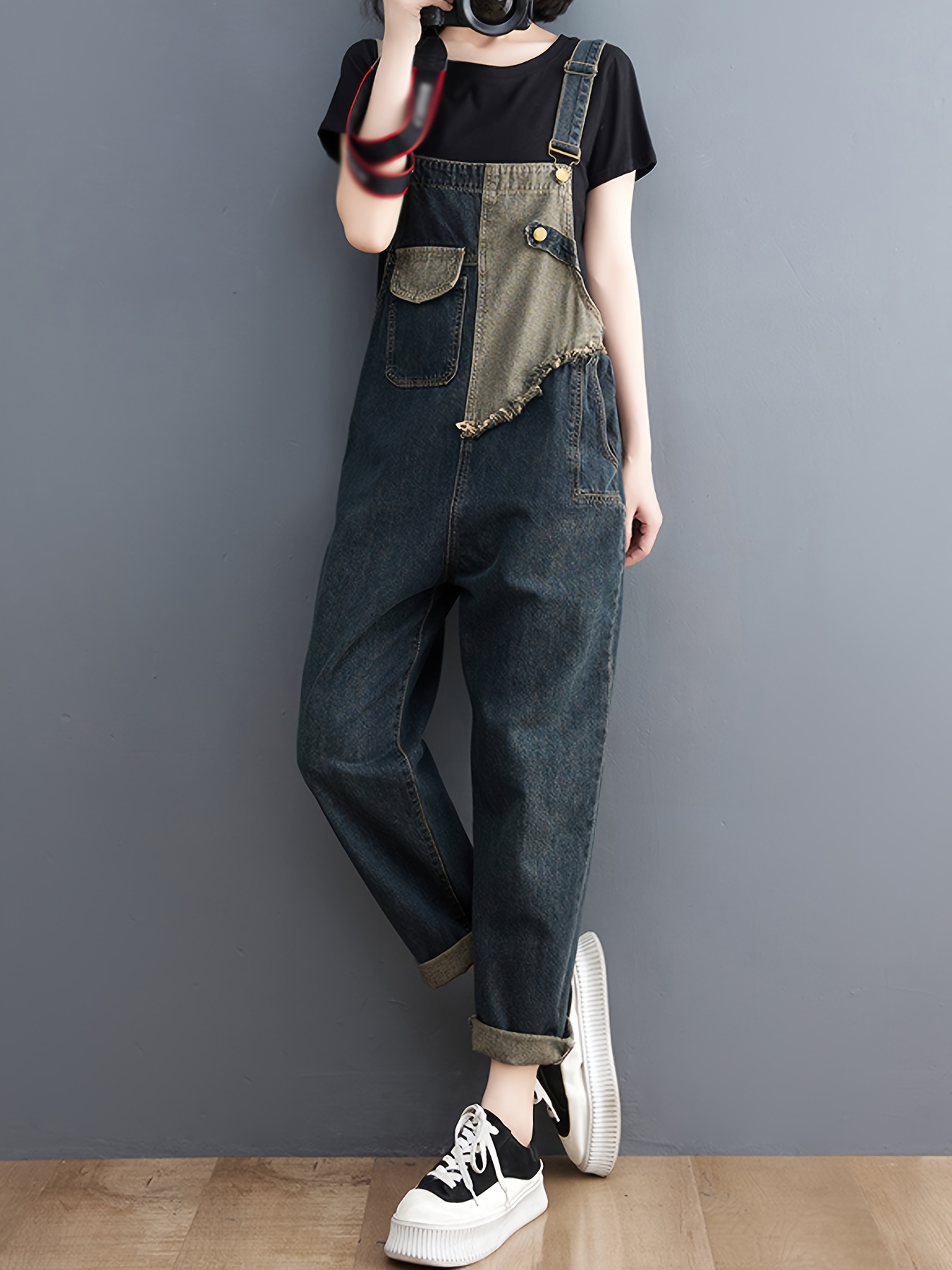 casual women's denim overalls washed detail cotton blend - Temu Bahrain