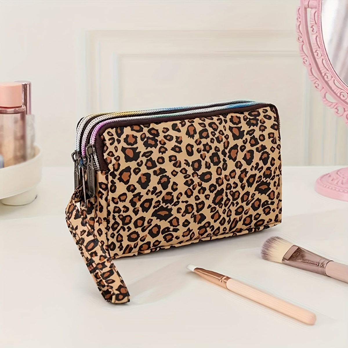 

Chic Yellow Leopard Print Women's Clutch - Triple-layer Cosmetic Bag With Phone & Coin Pockets, Tsa Approved, Nylon Fabric