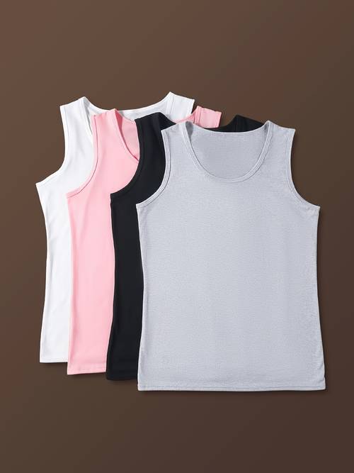 4 pack womens sleeveless tank tops soft stretchy fabric loose fit solid color black white pink gray spring summer casual layering smooth unlined basic tank top easy design lightweight fabric