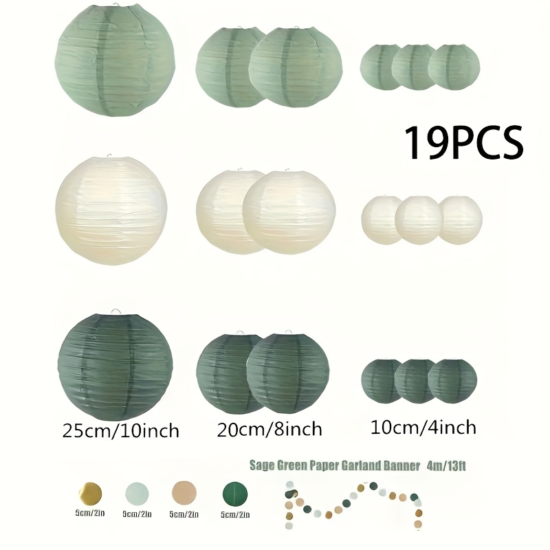 Image of 19pcs Paper Lantern Party Supplies Set, Round Hanging Paper Lantern Decorations For Bridal Gift Wedding Gray-green Birthday Party Supplies