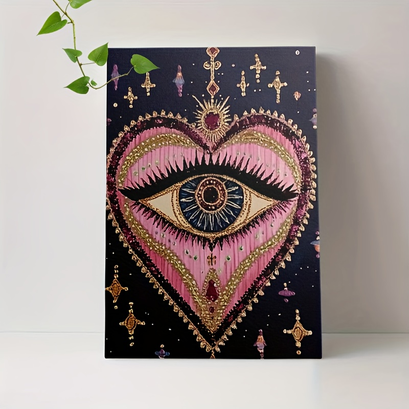 TEMU 2d Flat, 2d Flat, 1pc Framed Bohemian Heart Eye Embroidery Tapestry - Boho Chic Wall Hanging Art With Wood Frame And Canvas, Square Boho Decor