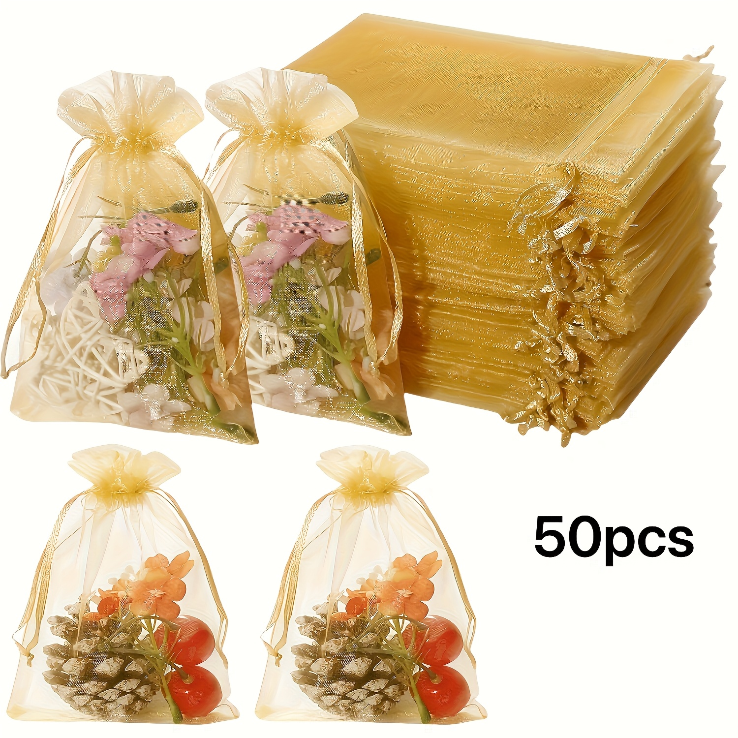 E-shop Geschenk für Sie/Ihn 50 Stück Goldene Transparente Kordelzugbeutel, 4X5 Zoll, Fiber Schmuckbeutel, für Partygeschenke, Hochzeiten, Weihnachten,