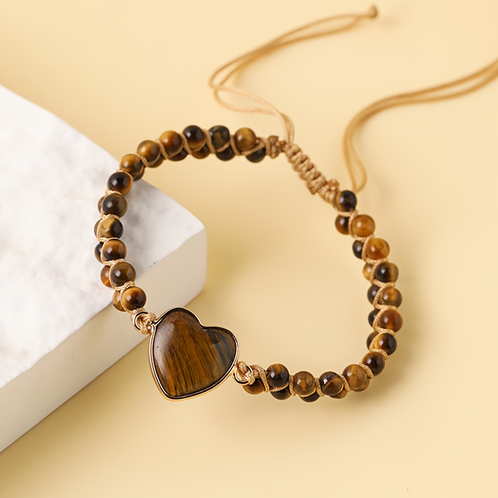 Image of Tiger Eye Heart Bracelet, Summer Fashion Natural Stone Bracelet, Vintage Style Jewelry, Adjustable Size Bracelet, , Show Unique Charm, Handmade Weaving