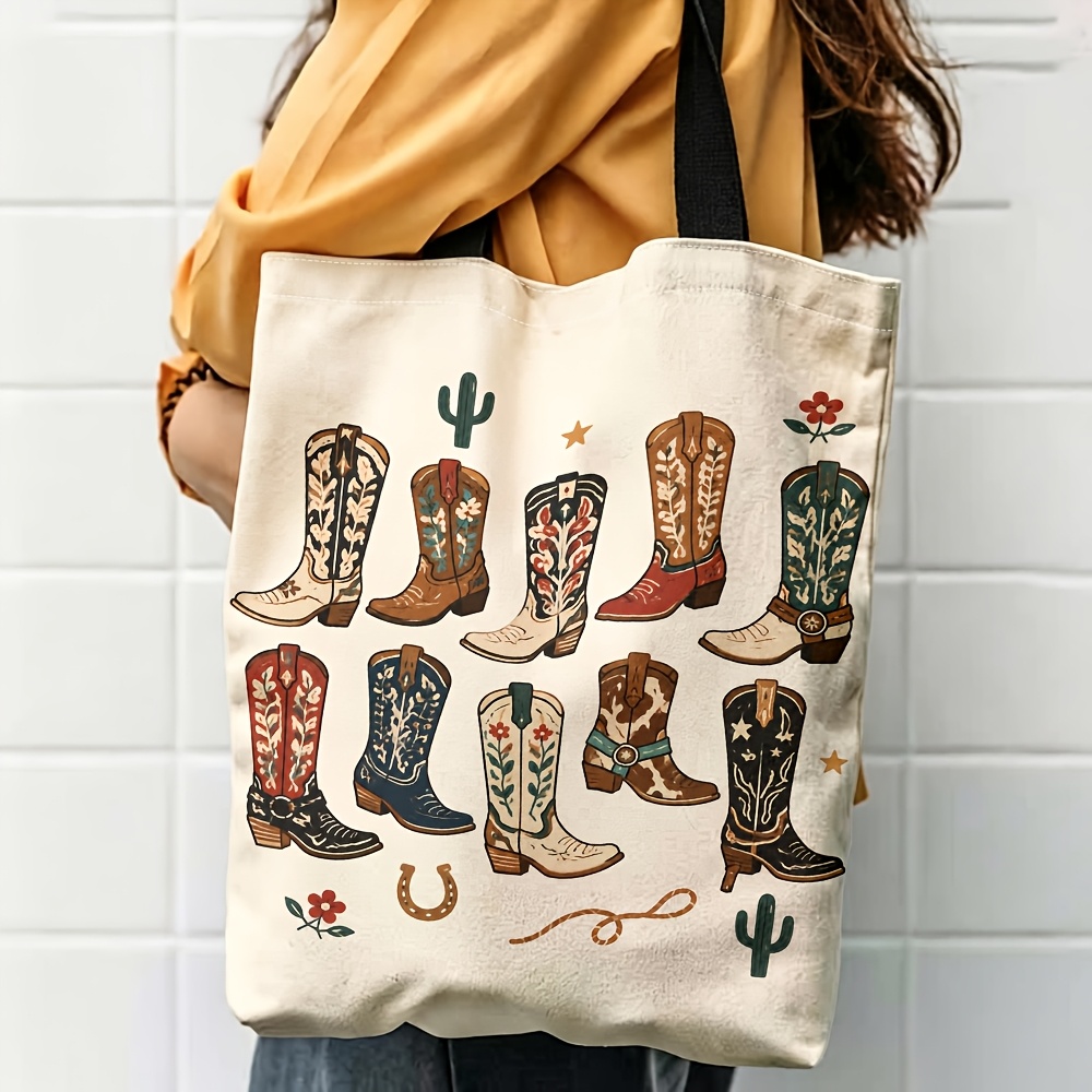 TEMU 1pc 2d Printed Western Style Cowboy Boot Pattern Shoulder Bag, Casual Commuter Handbag, Multi-functional Fashion Lightweight Large Capacity