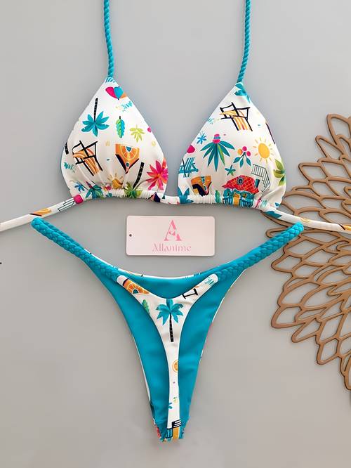 new beach pool party casual fashion print rope halter bikini split swimsuit for women