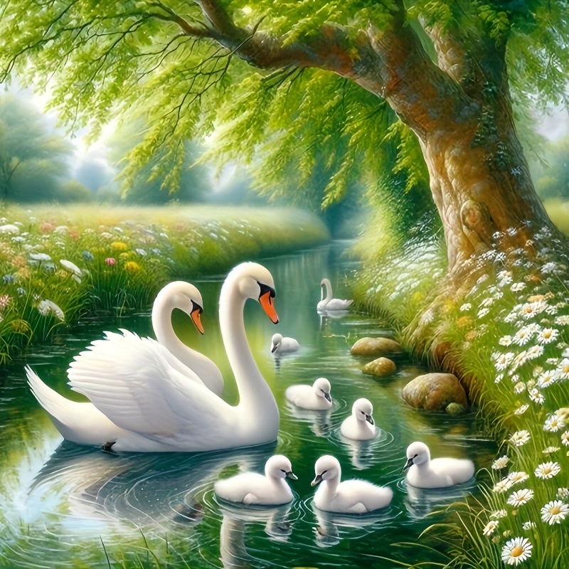 TEMU Swan Family 5d Diy Painting Kit 5d Diamond Painting Adult Diamond Painting Kit Accessories Full Diamond Kit Crystal Picture Wall Decoration Gift