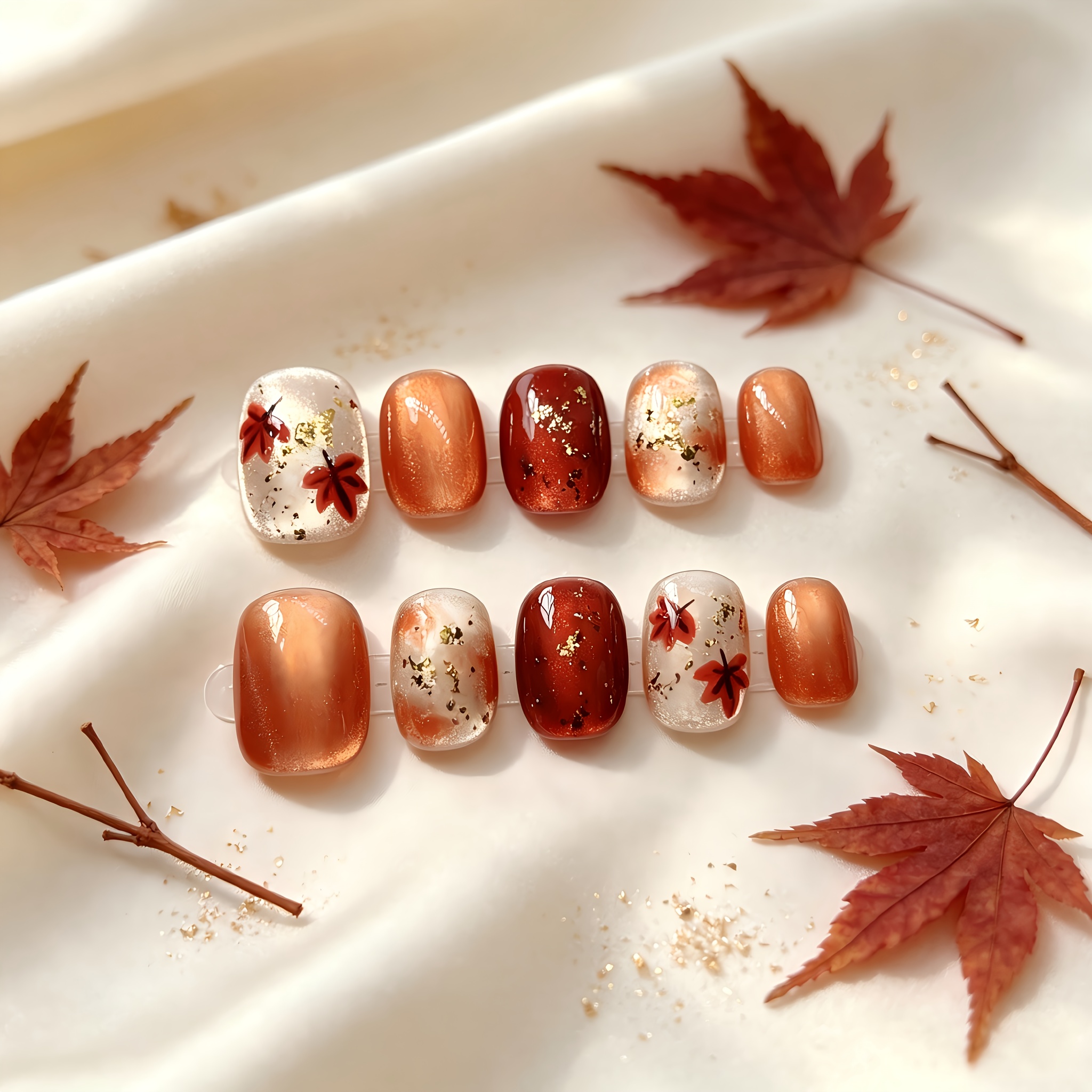 TEMU 10pcs Faux Ongles Carrés Courts Main, Ongles Artificiels Acryliques, Automne, Embouts d'Ongles Faux Cat Eye, Décor en Feuille d'Érable