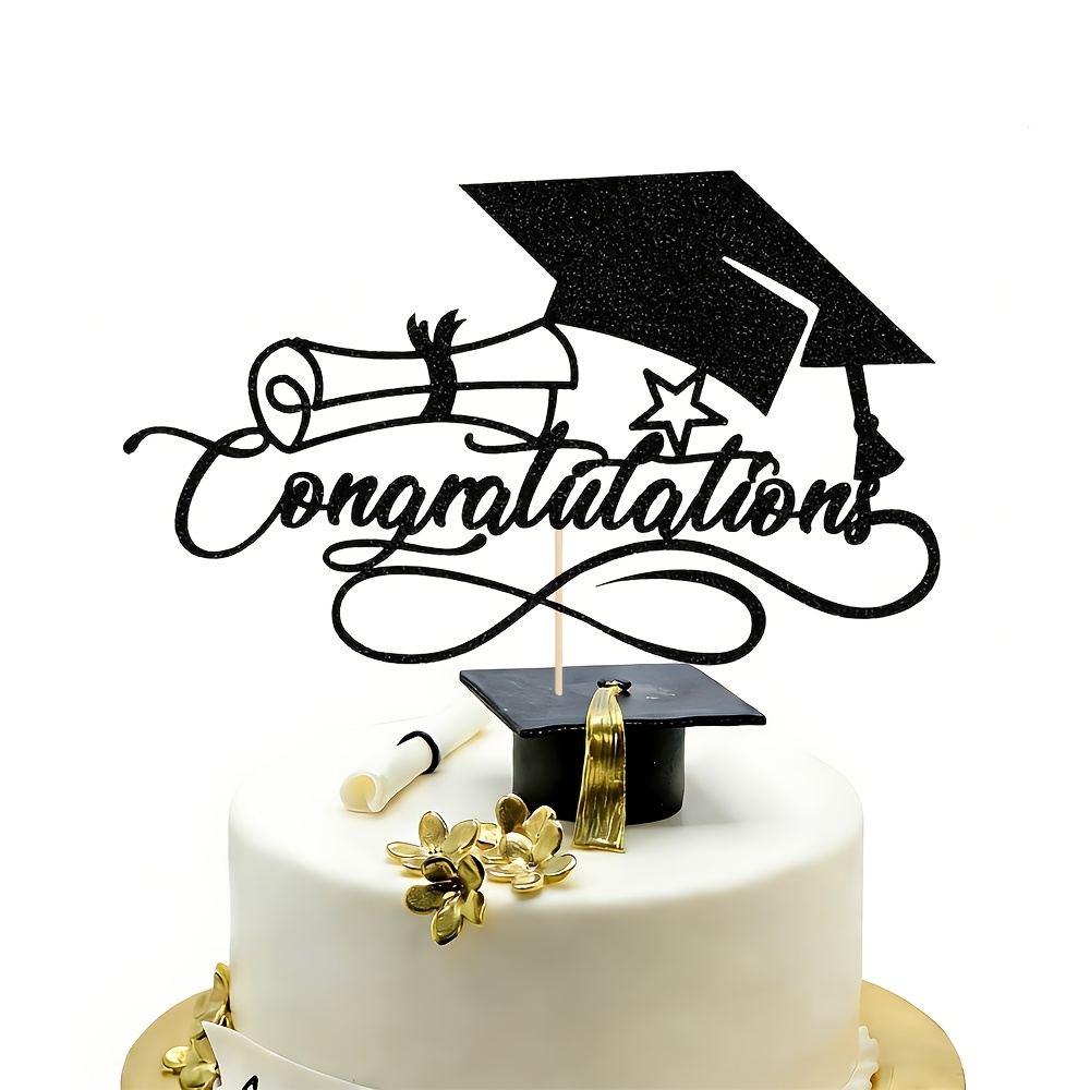 Image of 1pc Glitter Black Congratulations Cake Topper With Grad Cap & Diploma - 2026 Graduation Cake Pick Decorations For High School, College, University Senior Graduation Party Supplies