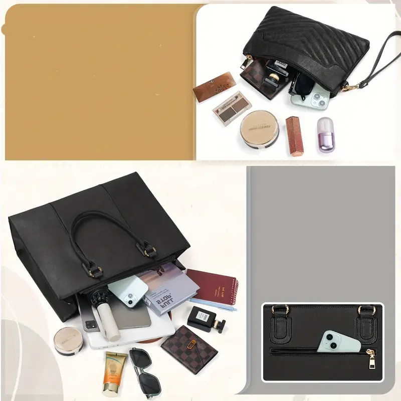 womens 15 6 laptop tote bag black synthetic leather professional shoulder bag with adjustable strap lightweight zipper closure daily business purse office tote bag minimalist style lightweight bag Product details 3