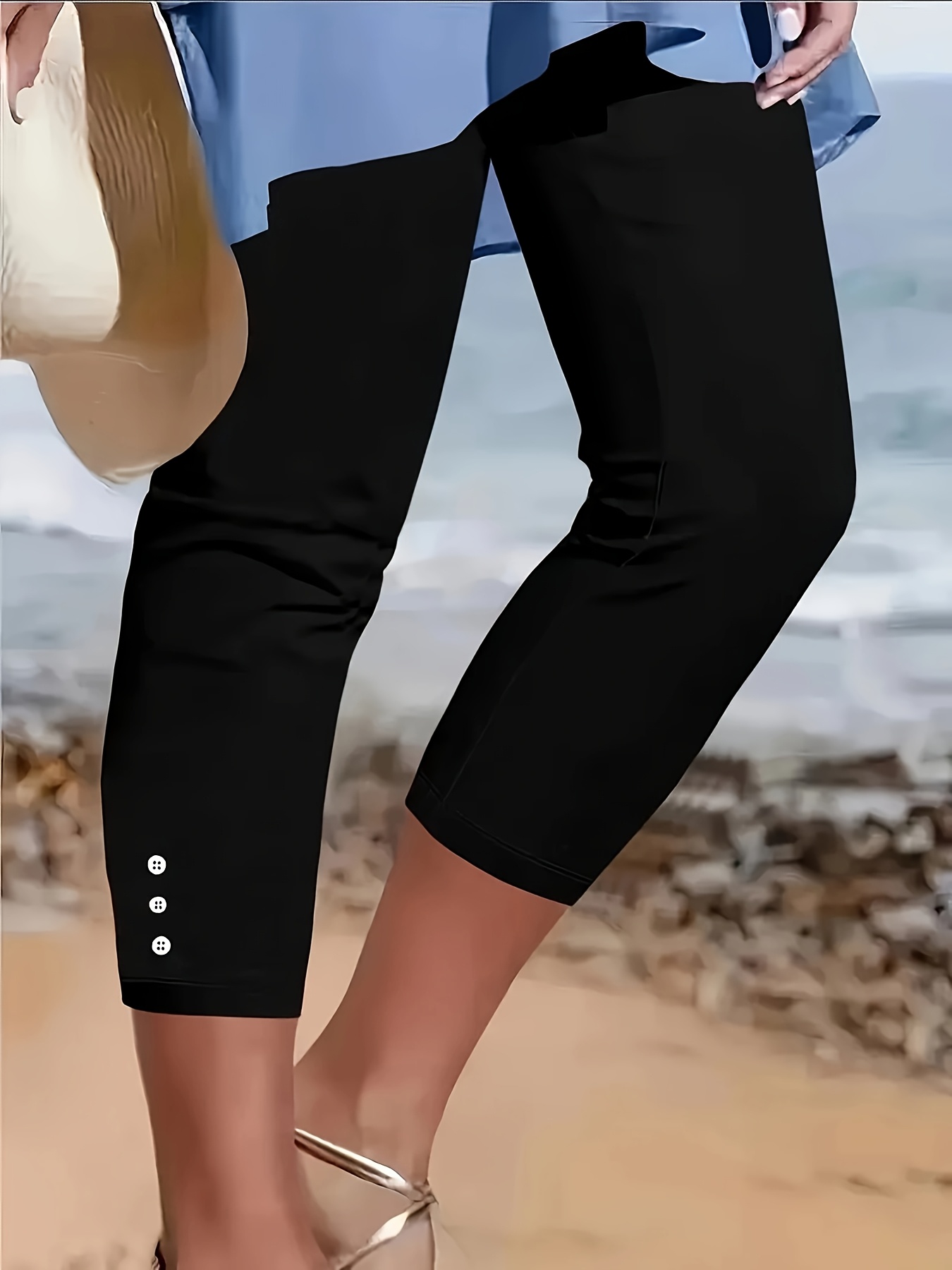 womens elegant solid color capri pants stretchy button front design machine washable spring summer casual to dressy trousers summer trousers nontransparent fabric