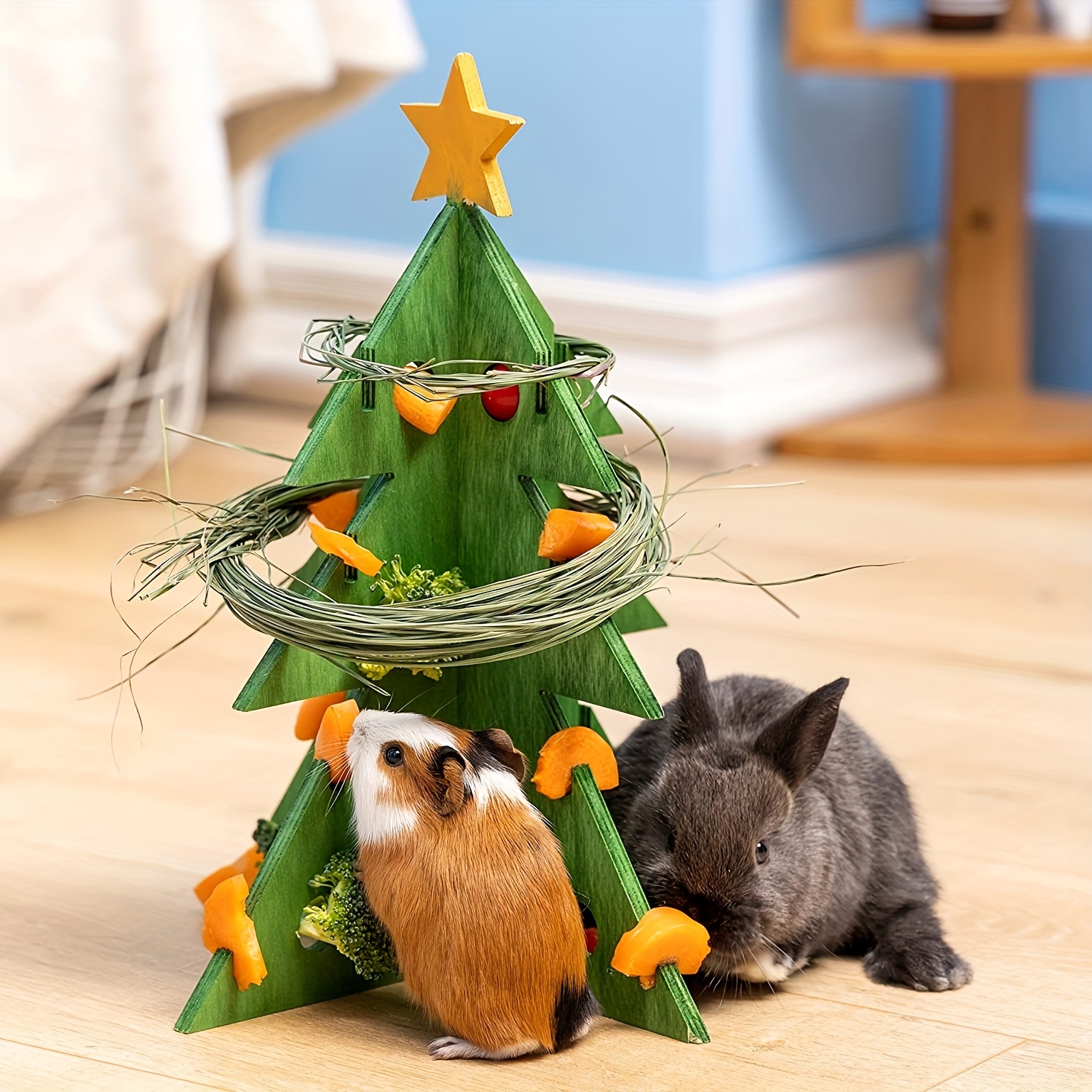 TEMU Easy-install Wooden Christmas Tree Foraging Toy For Rabbits, Guinea Pigs & - Safe Vegetable & Hay Feeder