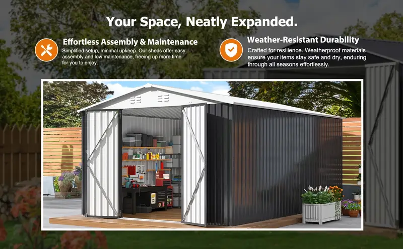 10 x 14 ft outdoor storage shed metal garden shed featuring an frame structure tool shed garden patio or lawn and with a stylish white top Product details 3
