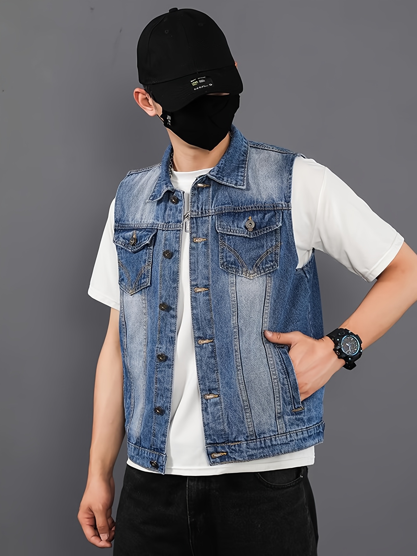 mens denim vest button front workwear jacket non stretch denim construction for everyday formal outfits   casual layering piece   hand washable mens outerwear modern denim vest   spring   design durable fabric   0