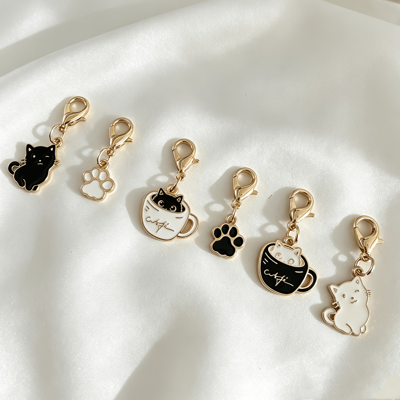 TEMU 6pcs Set Of Cute Black And White Cat Paw Print Tea Cups And Lobster Buckles For Shoe Charms, Cat Removable Shoe Decorations, Decorating Shoes,