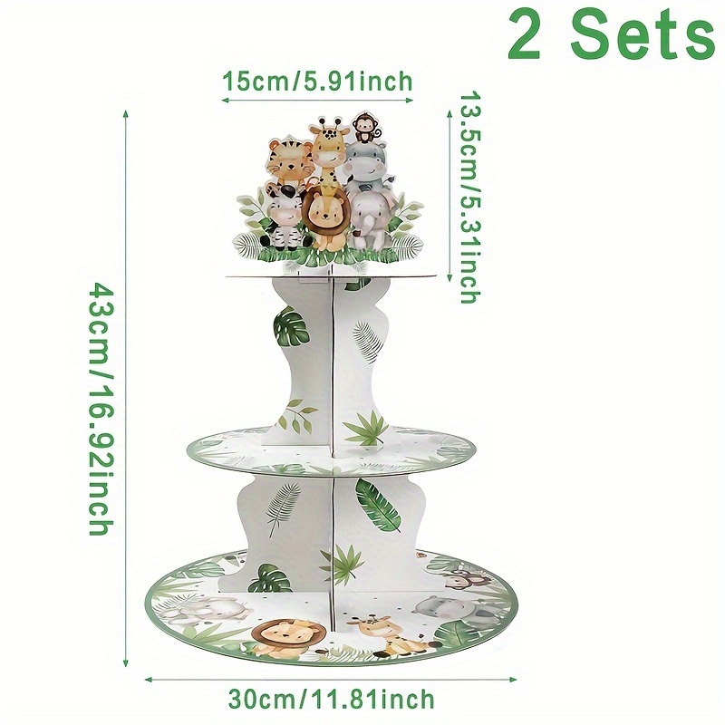 E-shop 2 Sets, Dschungeltier-Thema Geburtstagsparty Cupcake-Ständer, 3-stöckiger Papier-Dschungel--Kuchenständer, Cupcake-Ständer