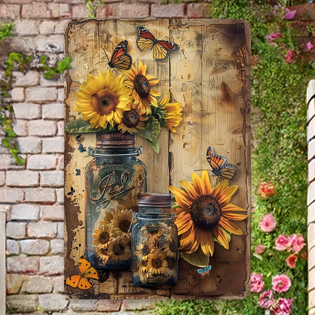 [2D Flat] Vintage Sunflower Metal Iron Sign - Rustic Wall Decor with Mason Jar and  , 20.32x30.48 cm, Indoor/ Outdoor Use, Suitable for Home, Garden, Cafe or Garage, Garden Decor | Vintage   | Durable Iron Sign, Outdoor Wall Decor,   Room Decor, Waterproof and Weatherproof Decor,   Universities, Bathrooms, Caves, Bars, Cafes, Garages, Farmhouses, for Man Caves - Black Vintage Poster Gifts,   Room Decor