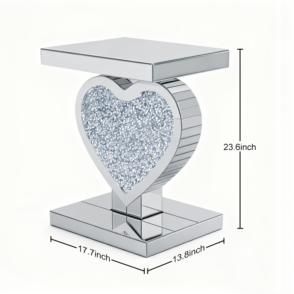 Crushed Diamond Silvery Mirror Base Heart Shaped Side Table, Mirror Finish Decorative Table for Bedroom, Entryway, Living Room.Small Mirrored Coffee Table