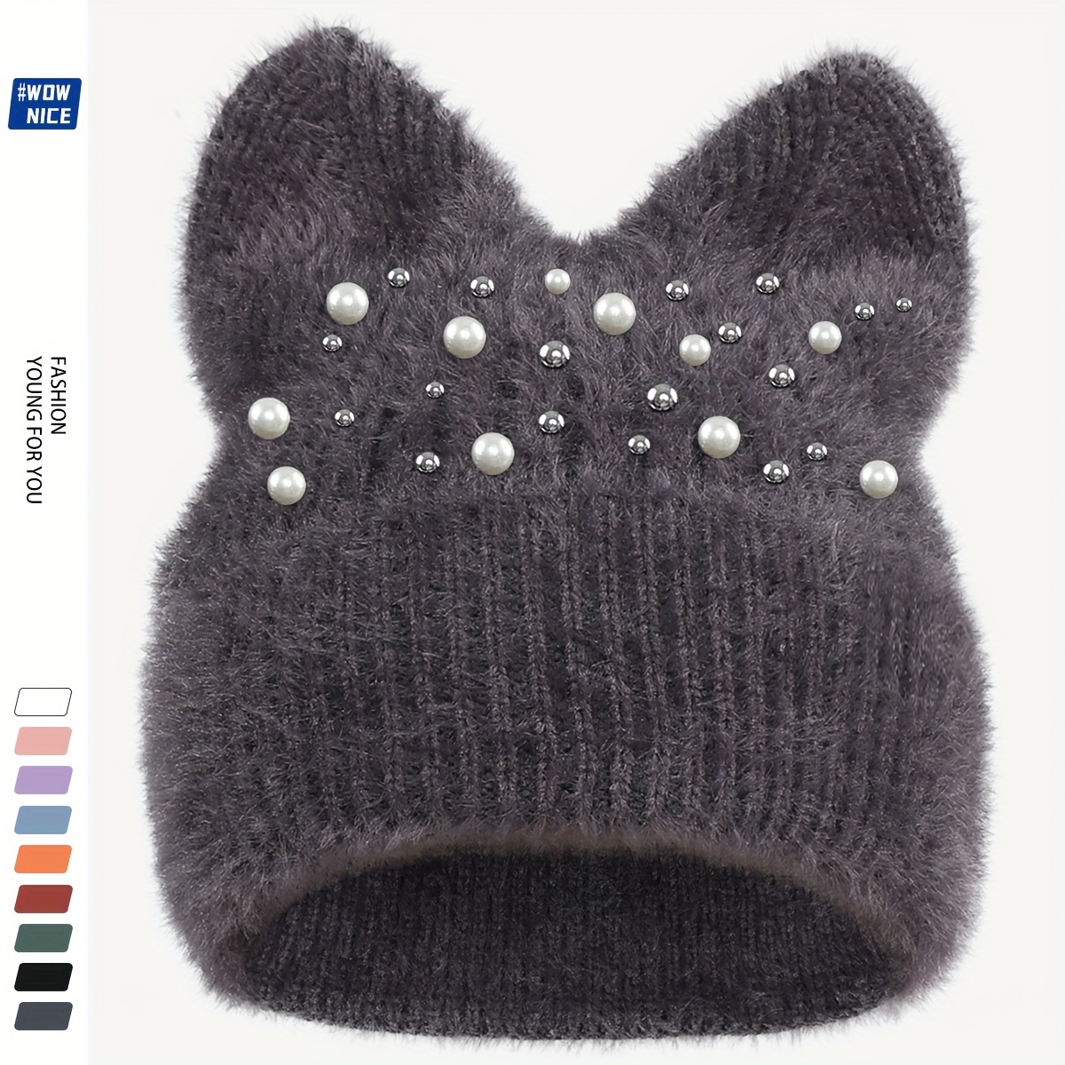 TEMU 1pc Thick Plush Winter Beanie Hat With --like Texture & Sparkling Rhinestone Accent - Elastic Breathable Unisex Warm For Women &, Christmas Ski