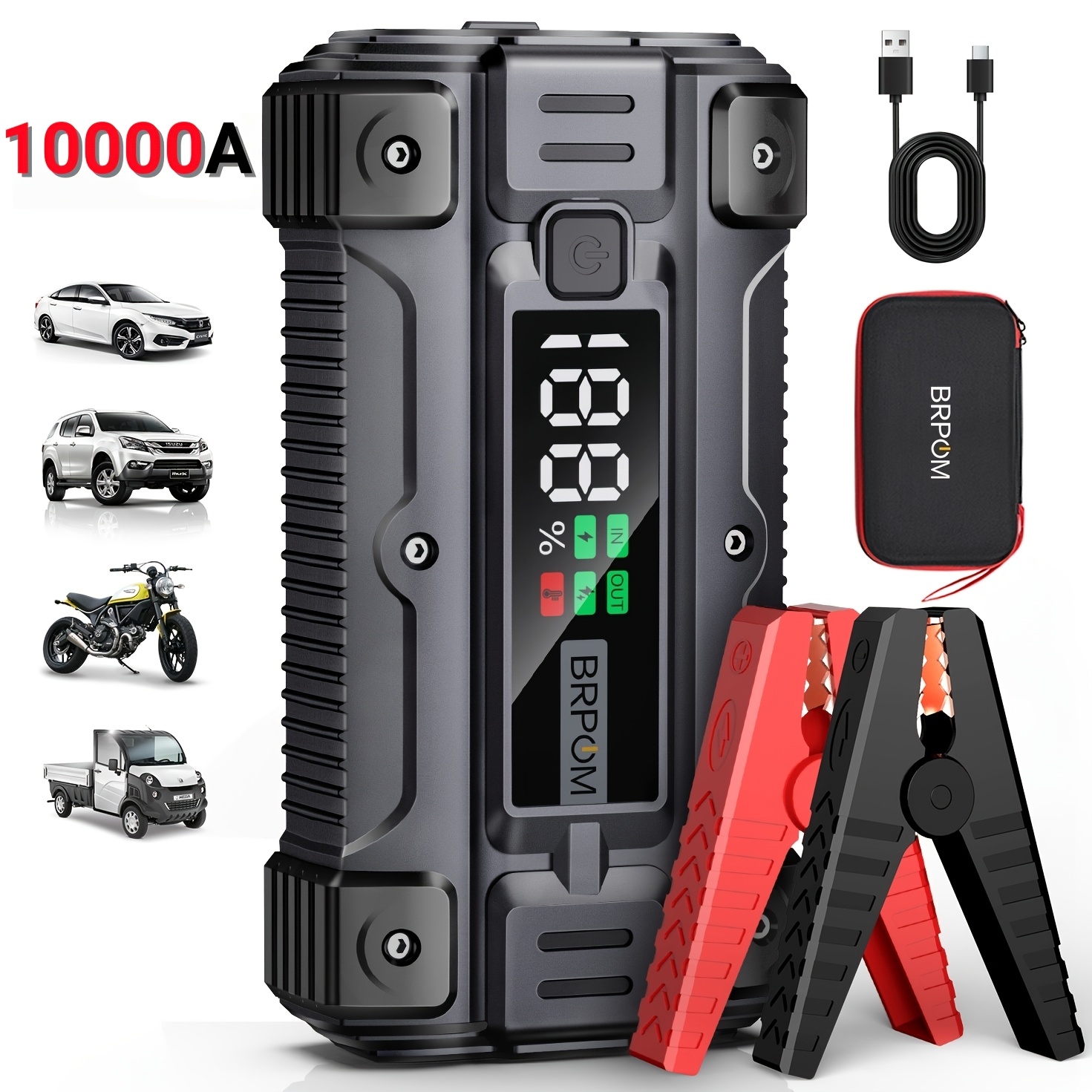 10000a Car Jump Starter - Compatible With Up To 10l And All Gasoline Vehicles, 12v With Large Screen And Qc 3.0, Portable Storage Bag Included