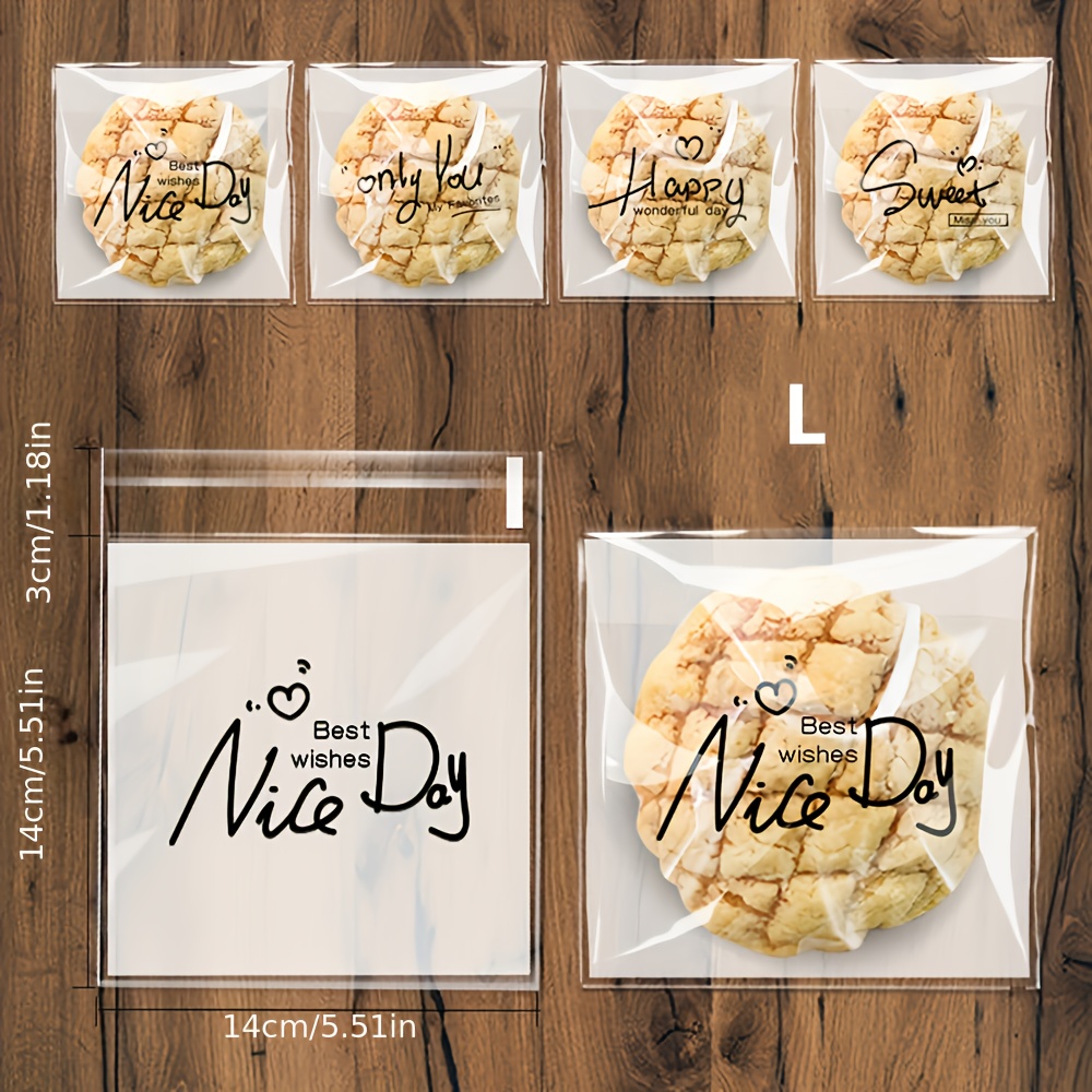 Image of 100 Assorted Simple And Stylish English Self-adhesive Bags For Baking , Snowflake , Transparent Snack And Candy Bags