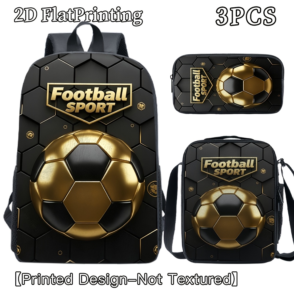 TEMU 3pcs Unisex Large-capacity Backpack Set With Cool Golden Soccer Ball Print, 2d Printed Design (not Textured), Adjustable Shoulder Straps, Zipper