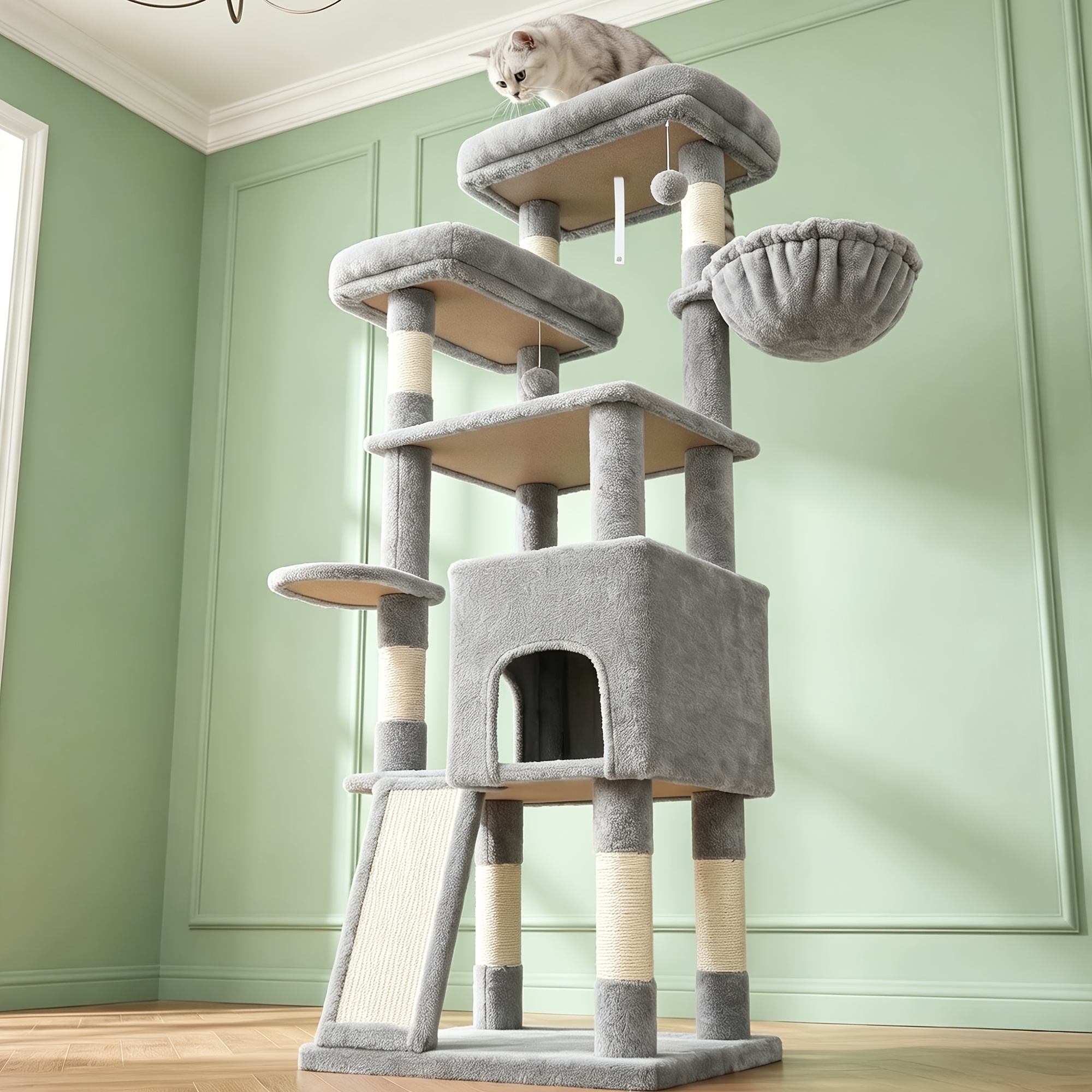 TEMU Árbol para gatos de 155 cm, 6 postes de sisal, 1 casa para gatos con , 3 plataformas de , 1 cesta para gatos, postes rascadores, tamaño mini,