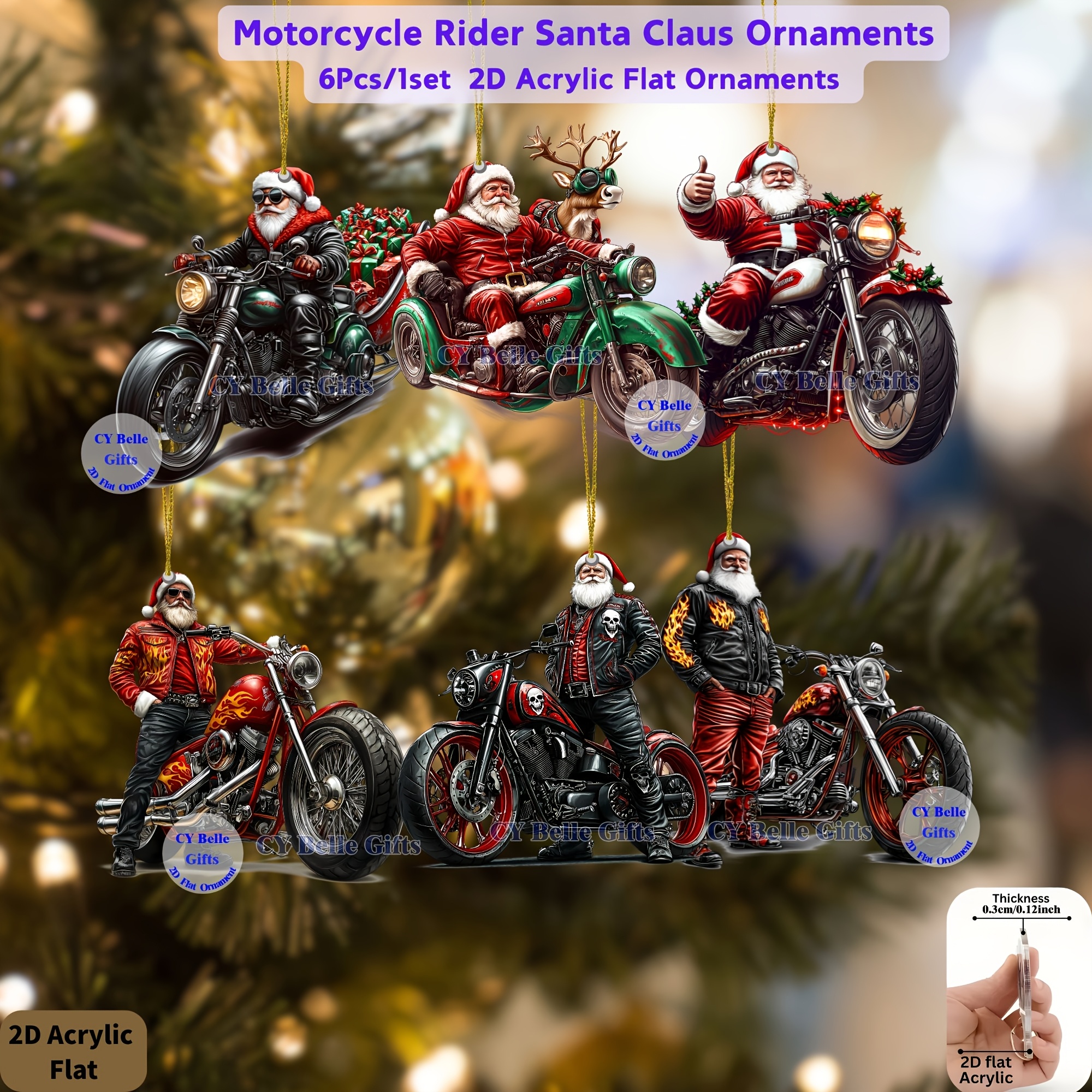 TEMU 2D Flat - [2D Flat] 6 Stück/ 1 Set Motorradfahrer Weihnachtsmann Acryl Ornamente-Anhänger für Auto, Zuhause, Fenster, Büros, Klassenzimmer,