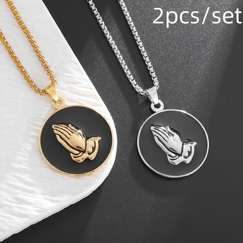 

2pcs/set Fashionable Stainless Steel Praying Hands Medal Pendant Necklace For Men Women Christian Faith Amulet Jewelry Gift