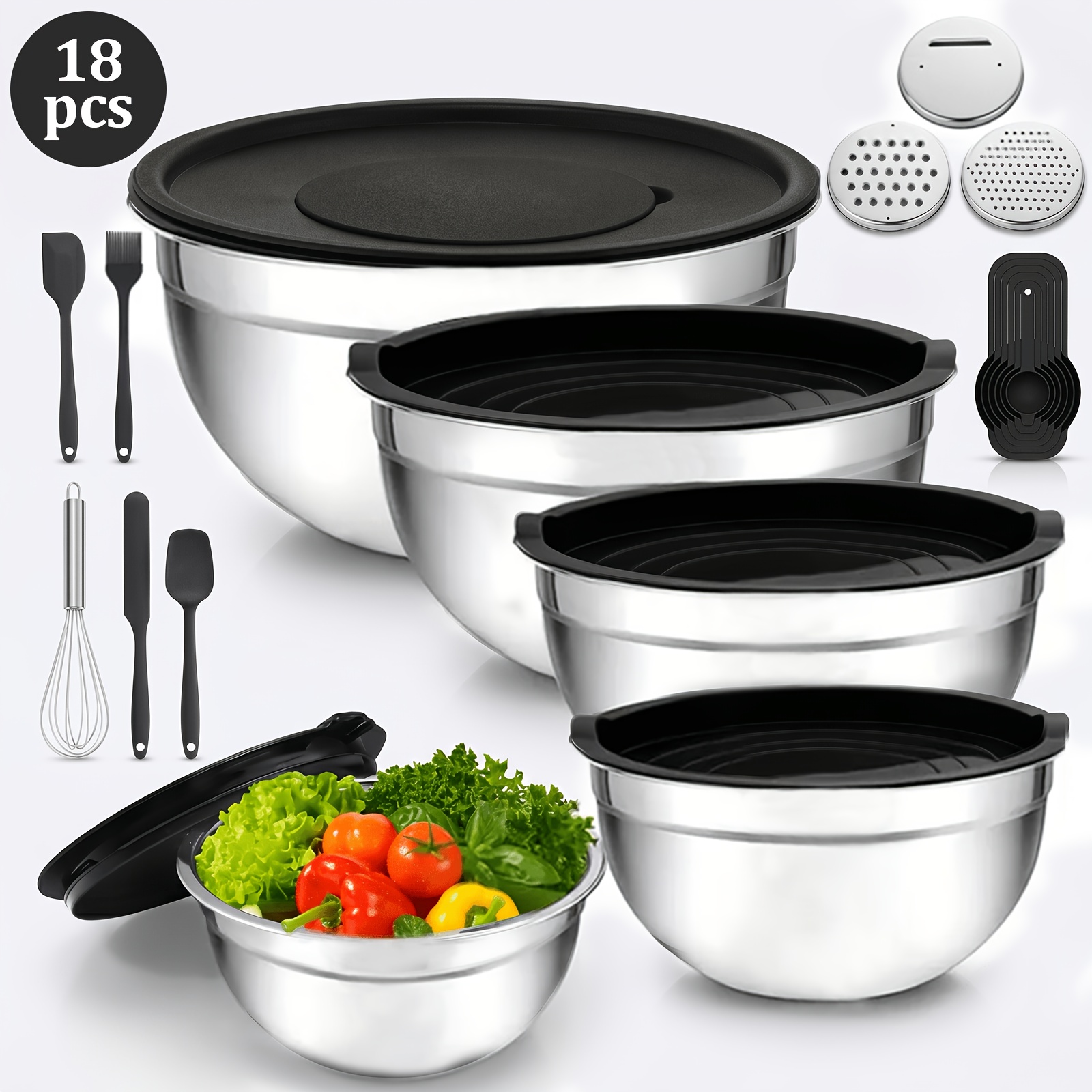 18pcs Premium Stainless Steel Salad Bowls With Lids, Stackable Salad Bowl Set, Dishwasher Safe, 3.8l, 3.3l, 2.1l, 1.5l, 1.1l, Nesting Kitchen Bowls For Serving And Mixing, Rustproof