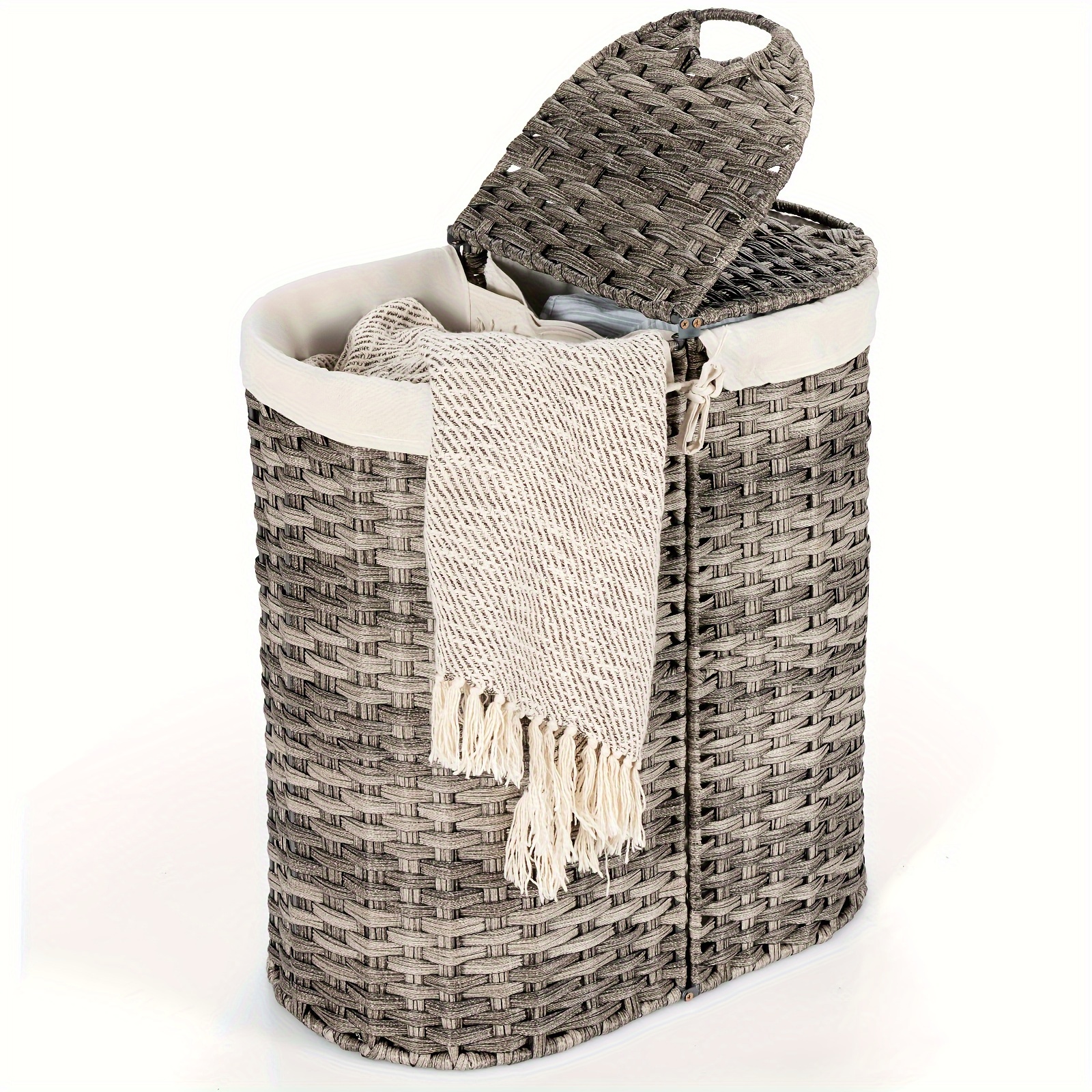 

1pc Handwoven Laundry Hamper, Oval Laundry Basket With 2 Removable Liner Bags, Household Dirty Clothes Storage Basket, Grey