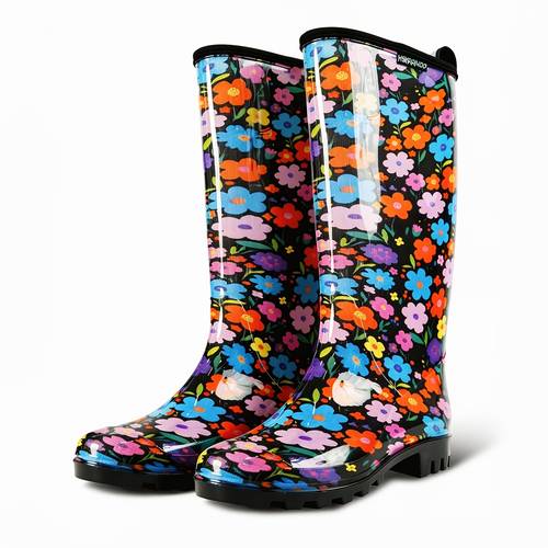 item picture womens pvc rain boots colorful floral pattern tall shaft black carry handle easy on off anti slip sole outdoor wear