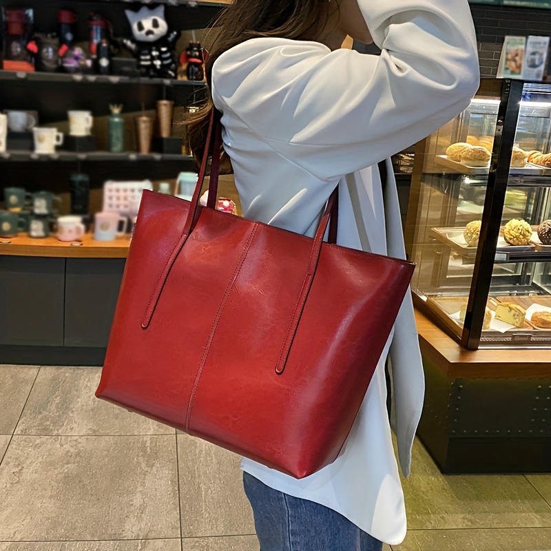 Elegant Vintage Red Genuine Leather Tote with Double Compartment & Zipper Inner Pocket, Large Capacity for Women, Hand Washable Lining, Fixed Strap Design, Elegant Accessory | Vintage Style | Durable Lining, Tote