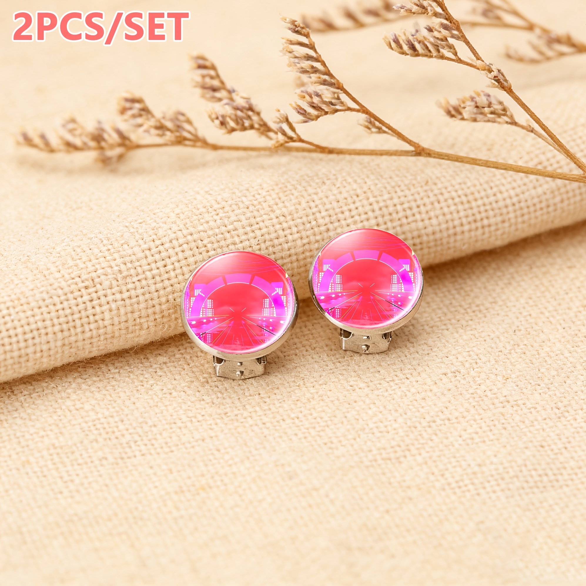 TEMU 2pcs Set Of No-piercing Round Glass-faced Earrings/ear Clips For Women, Featuring A Red Neon Cityscape Design With Futuristic Architectural