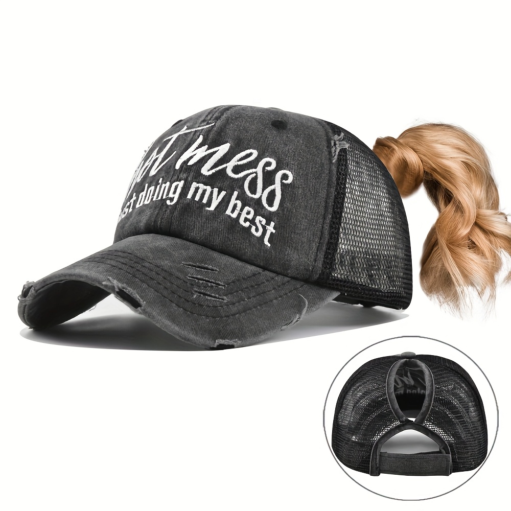 TEMU Women's Lightweight Breathable Perforated Ponytail Baseball - Adjustable Sun Hat With " " White Lettering, Black Mesh Back & Ponytail Holder For