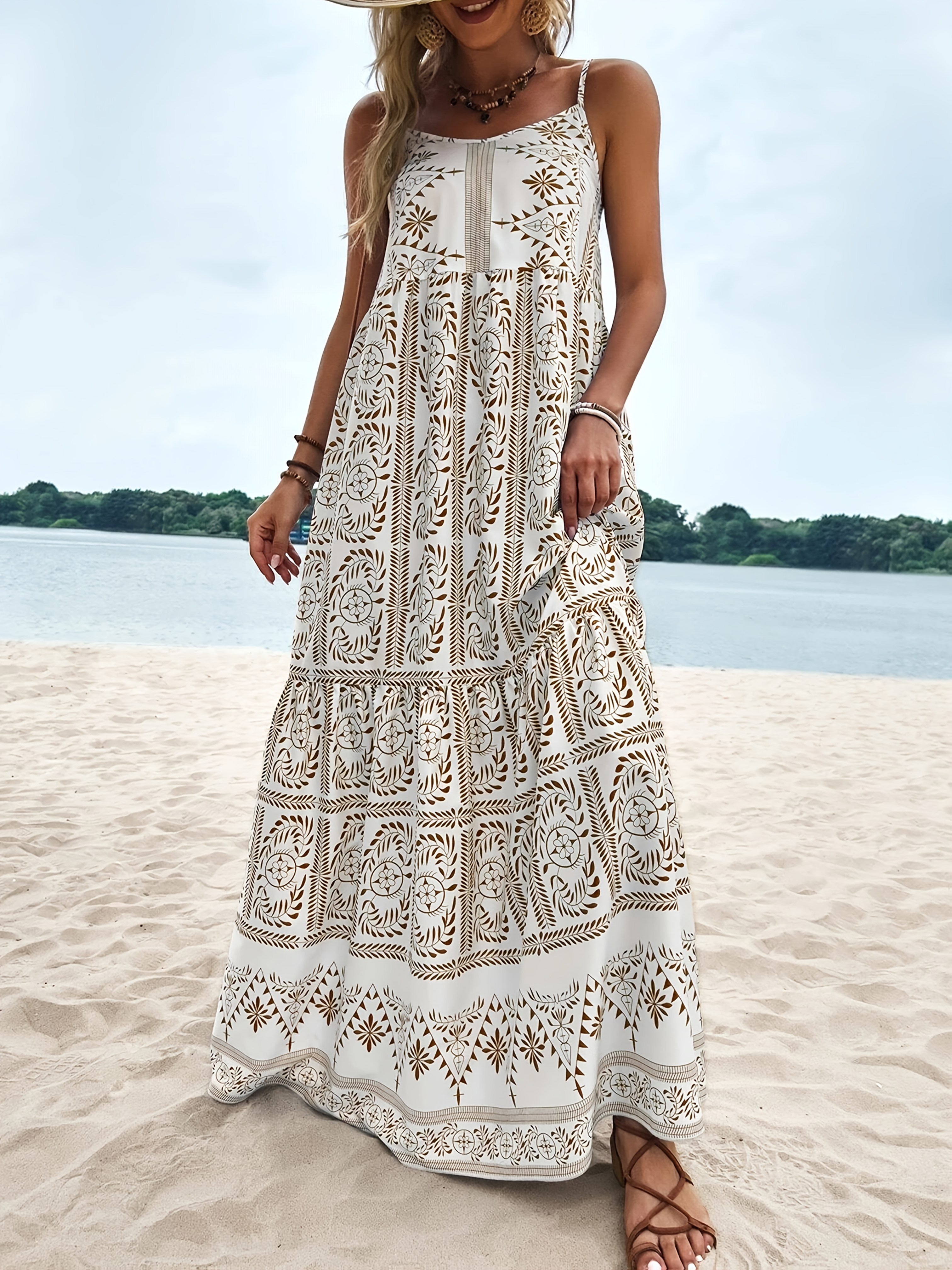 womens floor length boho maxi dress with white lace like smock neckline a line floor length beach dress with floor sweeping train machine washable for   boho events bohemian style   floor length gown ethnic print long dress with delicate spaghetti straps loose fit for adults no elastic fabric suitable for beachwear resort wear khaki 0