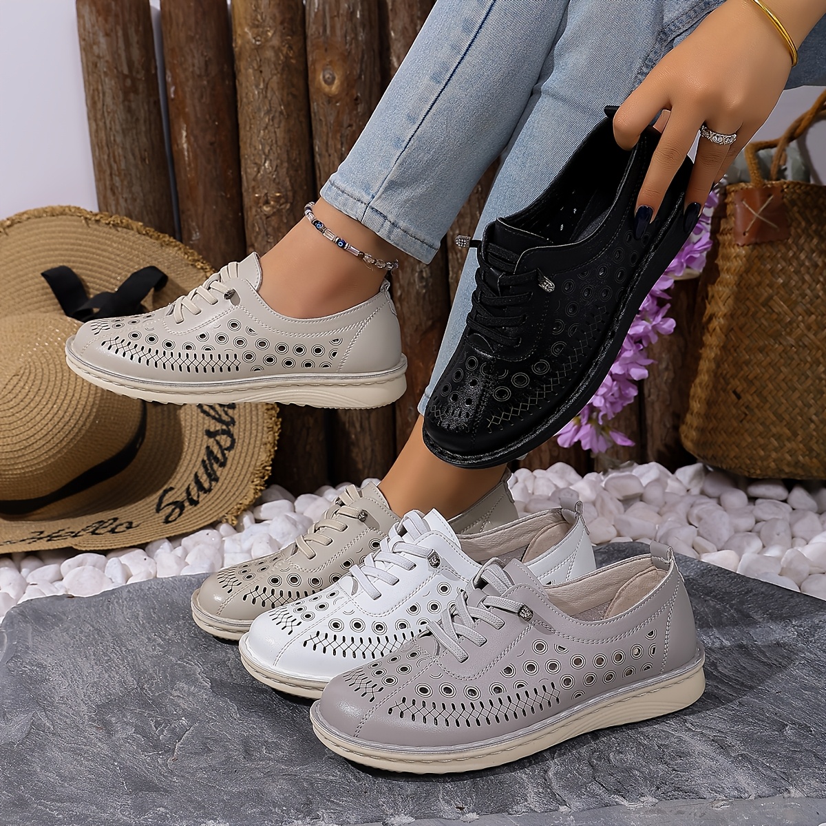 Women's Slip-On Loafers, Hollow-Out Design, Solid Color