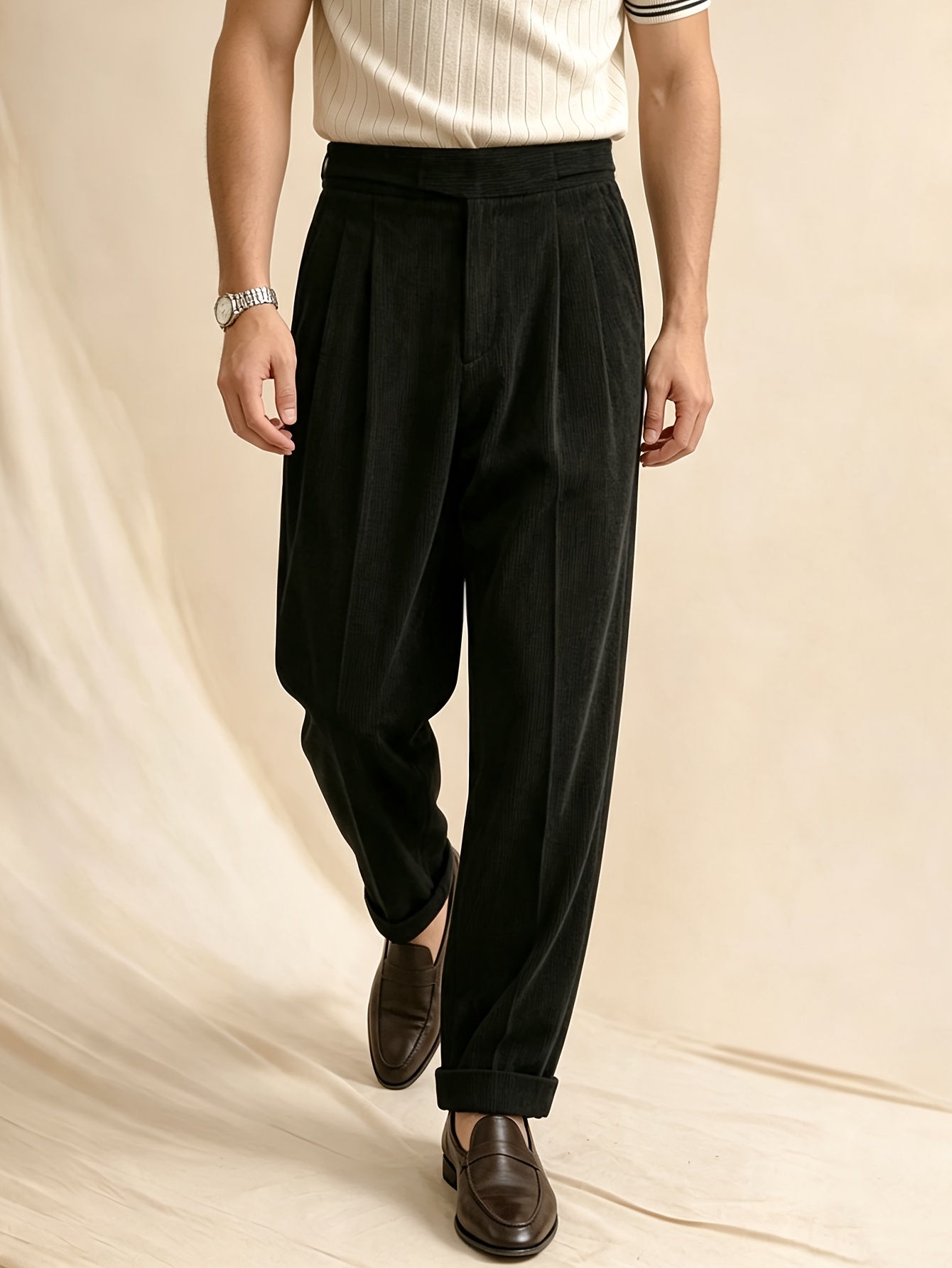 Spring/Autumn New Corduroy Ribbed Cotton Fabric Light Business Elegant Italian Neapolitan Solid Color Button Double Pleat Straight-Leg Trousers Men's Formal Pants Gurkha Pants Suit Pants, Suitable for Daily Work Commuting Office, Classic Tailoring