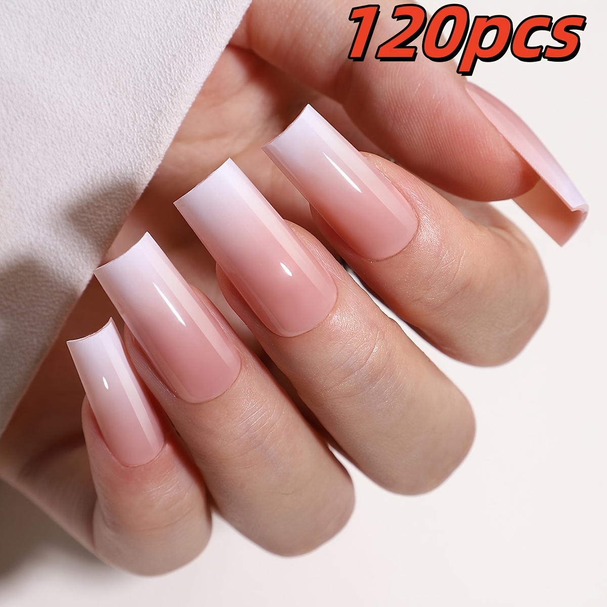E-shop 120-teiliges Set mittellange rechteckige Press-On-Nägel, Verlauf in Rosa und Weiß mit Glanzfinish, inklusive Jelly-Kleber und Nagelfeile – ideal