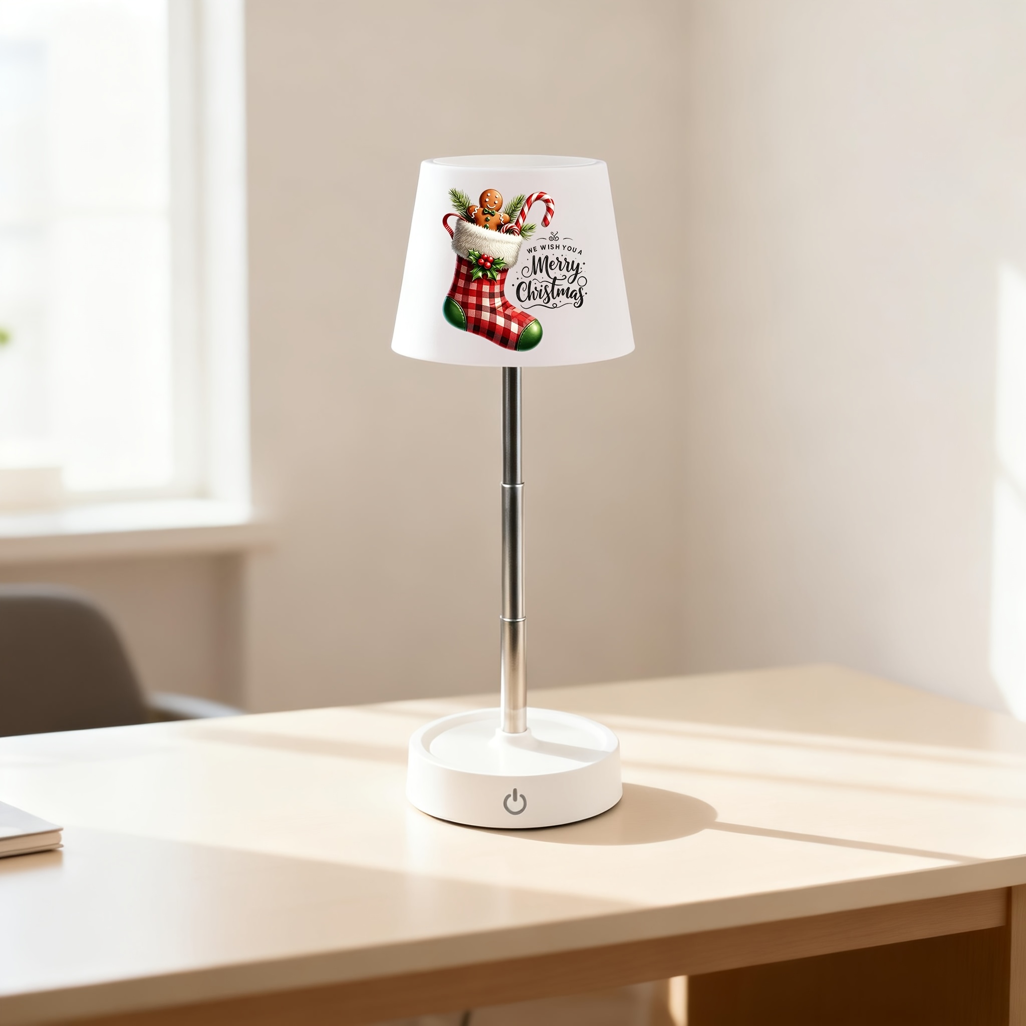Red Plaid Christmas Stocking Gingerbread Man Print Office Lamp, Adjustable & Rechargeable