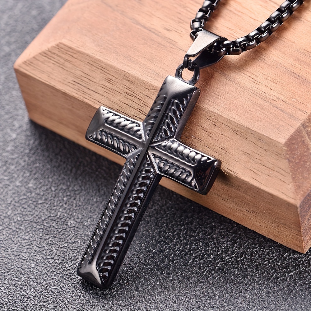 Image of European And American Trendy Men's Pendant Accessory, Cast Stainless Steel Full-gloss Rope Texture Cross In Black