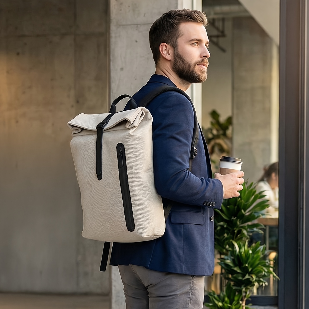 Lightweight PU & Microfiber Roll Top Backpack with Laptop Sleeve & Padded Pocket - Large Capacity School Bookbag Suitable for Commuting, Travel, Work, Adjustable Straps, Front Zipper Pocket, Fits 15-inch Laptop for &