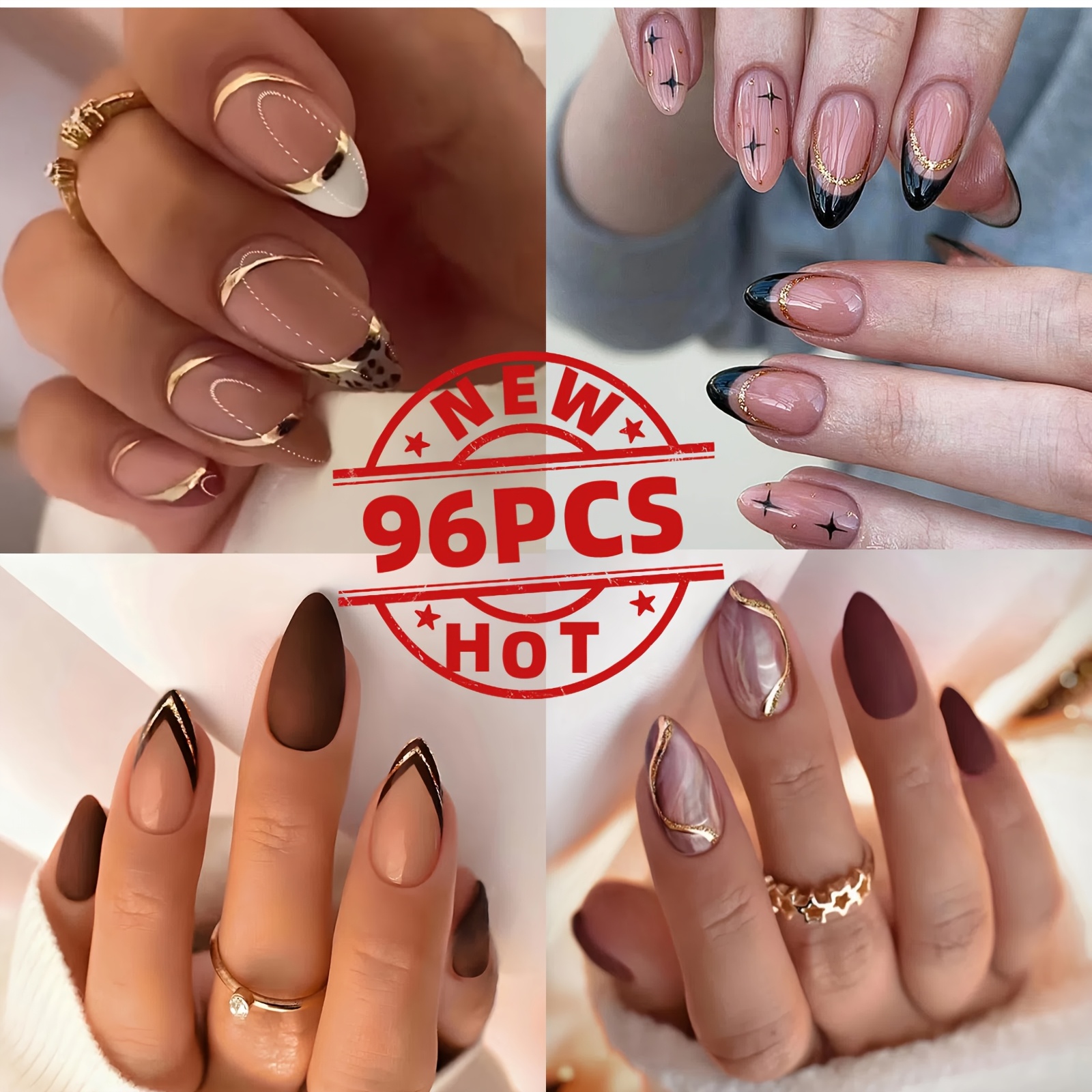96pcs. Lines Shape Combination Pack, Medium And Long Almond Shaped Detachable Nail Pieces, Suitable For Women And To , Work, Travel, Nail Salon And Nail Art At Home, Holiday Gifts, Nail Art Decoration