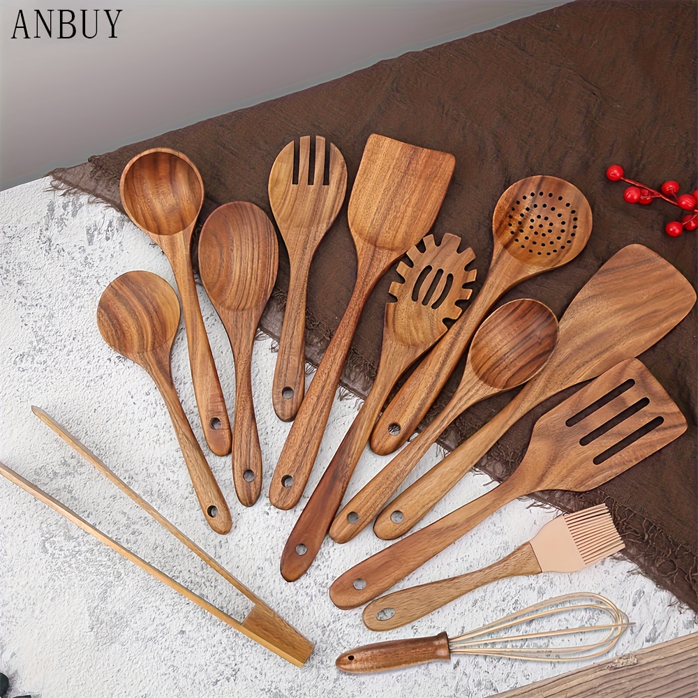 

13 Pcs Wooden Utensils Teak Wood Kitchen Wooden Spoons For Cooking, Spatula Set With Wooden Spoon Rest, Tong, Whisk