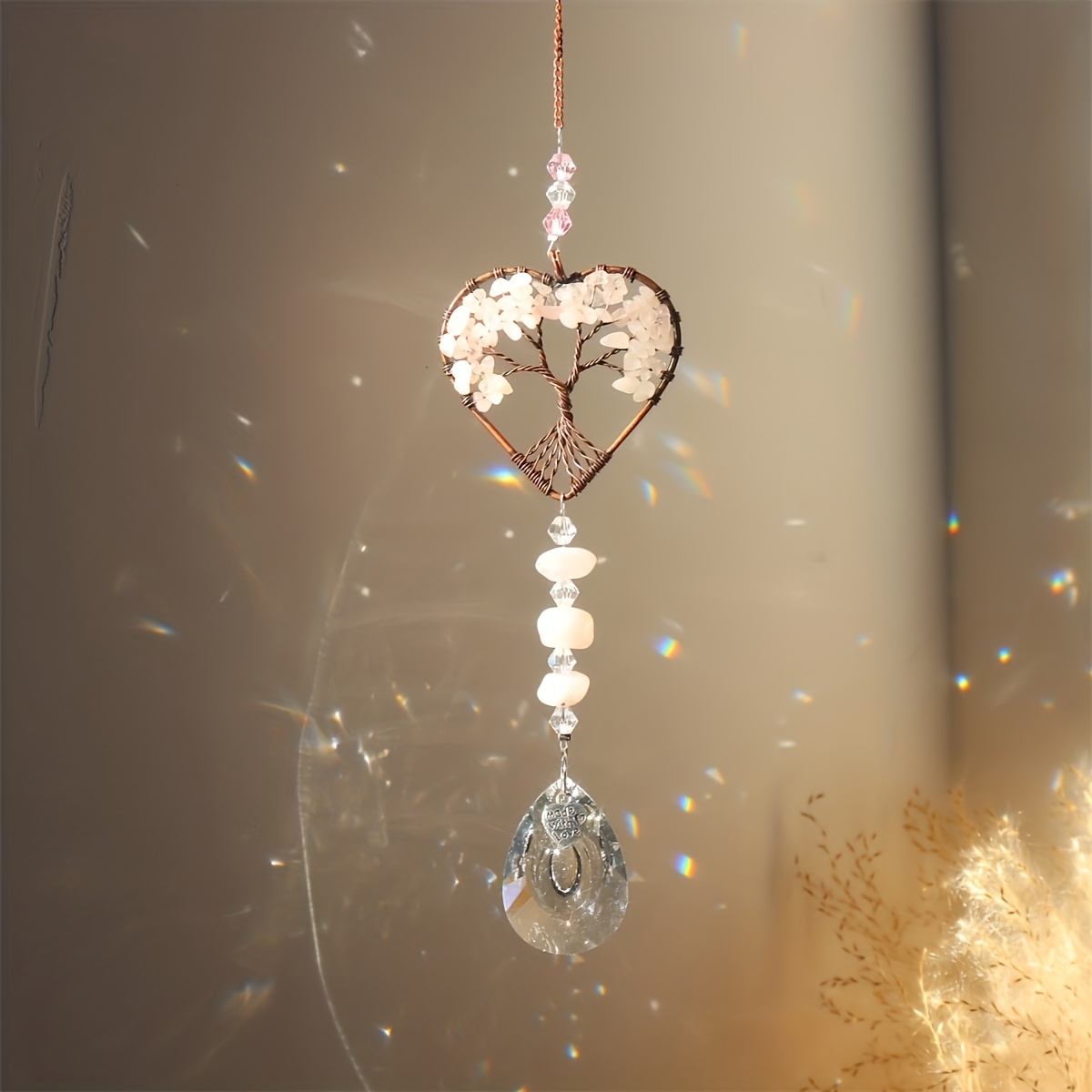 Image of 1/3pcs Chakras Multicolor Tree Of Life Heart Sun Catcher, Natural Amethyst, Rose Quartz, Olive Green Sun Catcher, Exquisite Pendant