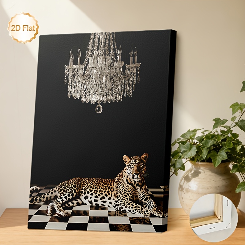 TEMU 2d Flat, 1pc Framed Canvas Wall Art - Luxury Leopard On Checkerboard Floor Under Crystal Chandelier, Vertical Painting Suitable For Living Room,