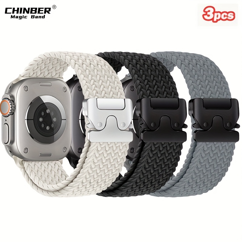 Image of 3 Pack Thin Stretchy Braided Compatible With Watch Band 38mm 40mm 41mm 42mm 44mm 45mm 46mm 49mm Women Men, Solo Loop Nylon Slim Strap For Iwatch Bands Series 10 Se 6 5 4 3 2 1 Ultra