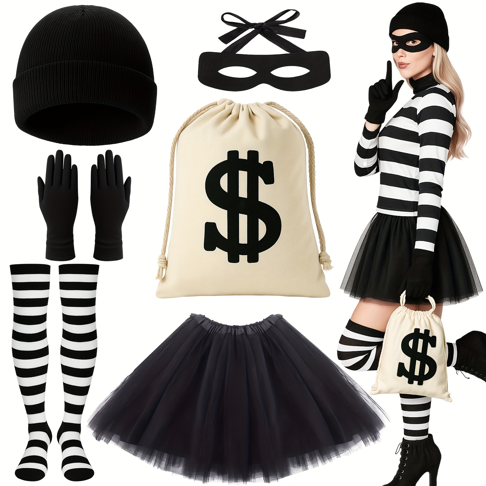 TEMU 6pcs Robber Cosplay Costume Set, Black And White Striped Long Socks Black Tutu Skirt Canvas Bag Eye Mask Knit Beanie Cap Gloves For Halloween