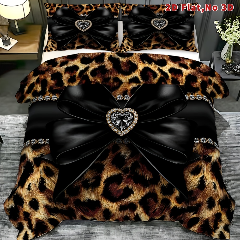 TEMU 2d Flat 2/3pcs Leopard Heart Duvet Cover Set | Queen King Full Sizes Optional, Luxury Elegant Bedding, Fashionable Bed Cover Set, Breathable And