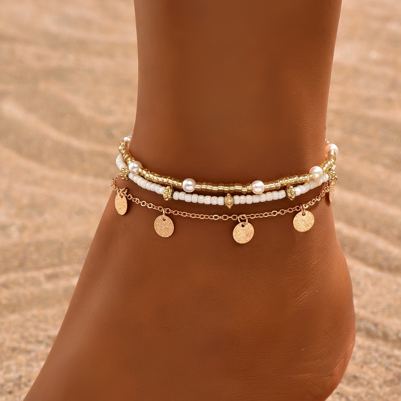 

3pcs/set, Vintage & Boho Style, Golden Sequin Anklet, Match White Glass Rice Bead Anklet, Fashion Delicate Accessory For Holiday & Party, Idea Gift For Ladies
