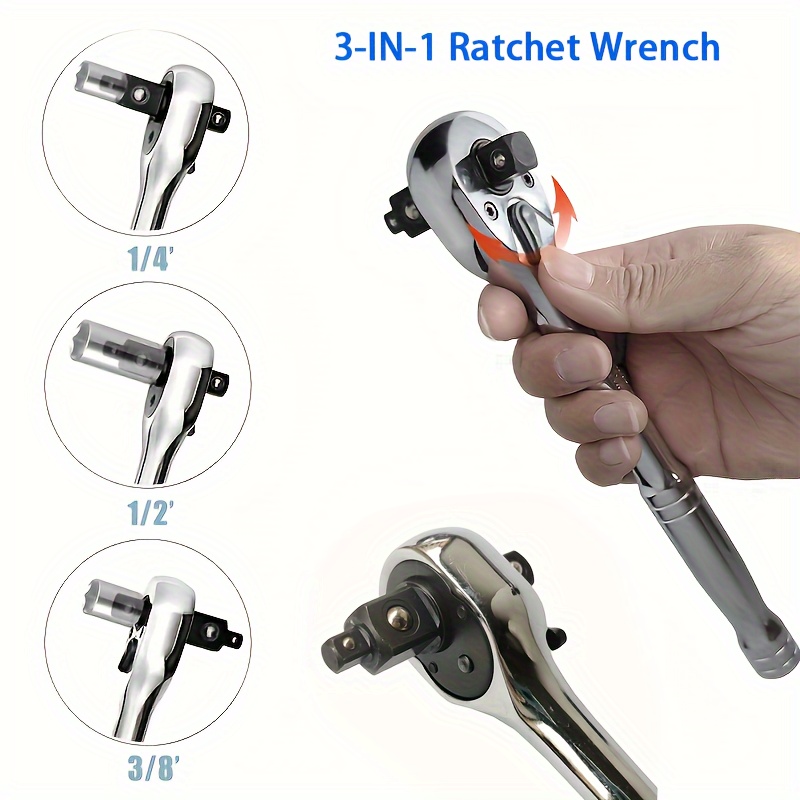 

3-in-1 Ratchet Handle, 72-tooth, 1/4", 3/8", 1/2", Ratchet Wrench, Socket Wrench, Reversible Switch Hand Tools Professional Maintenance Tools For Home, Factory And Automotive Use